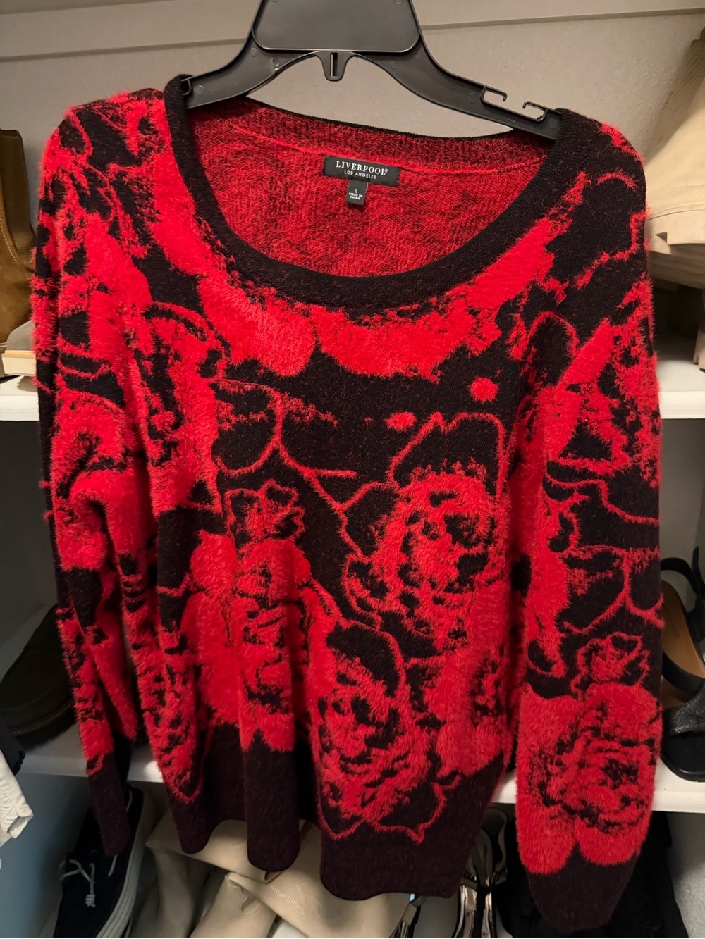 Liverpool Red and Black Floral Scoopneck Sweater - Women